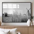 Vintage Farmhouse Black and White Triptych Wall Art, Giclee Canvas with Wheat Fields, Hay Bales and Windmill