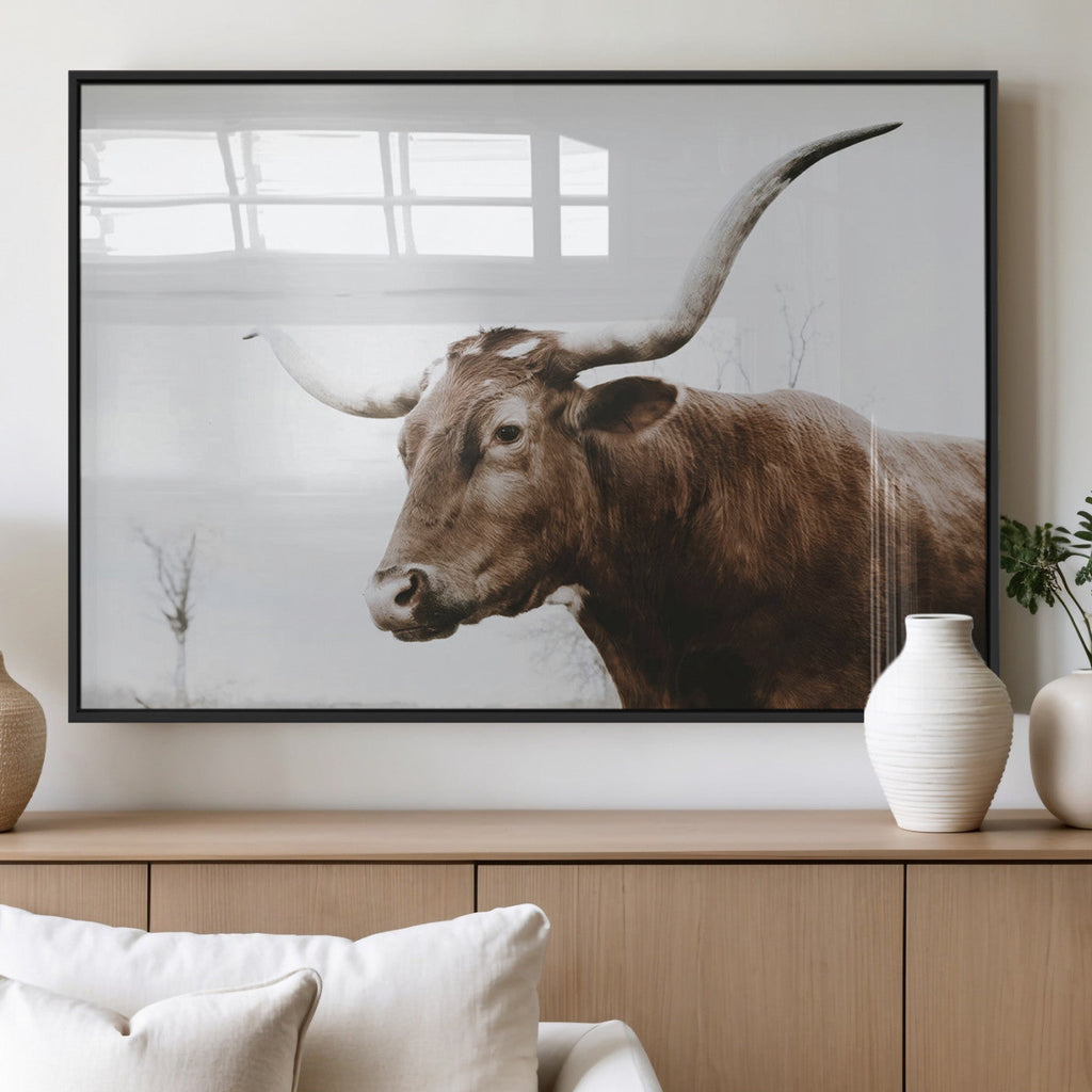 Rustic Bull Wall Art Canvas Print, Modern Longhorn Farmhouse Animal Decor