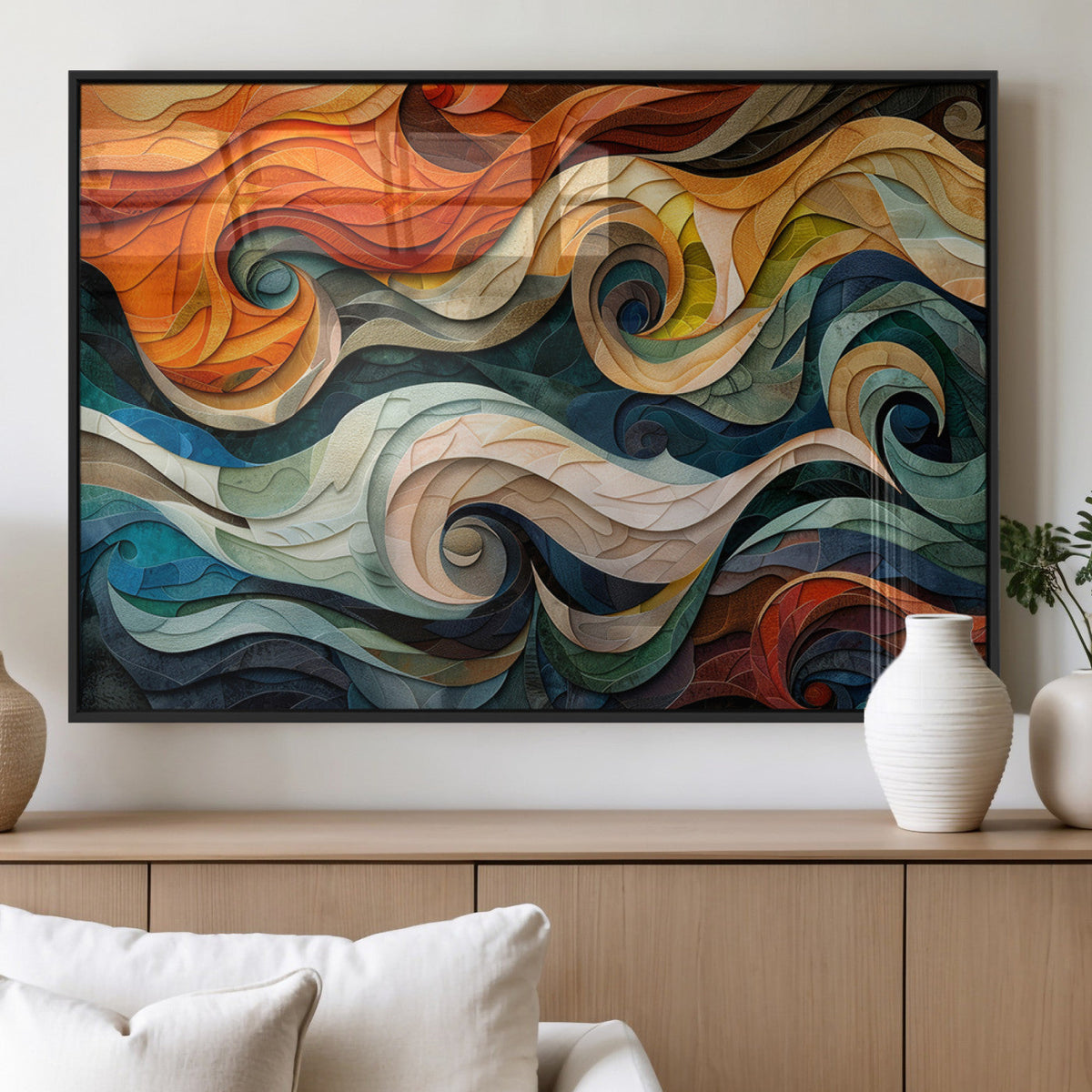 Abstract Wave Wall Art, Ready to Hang Framed Canvas Print | Extra Large 3 Piece Canvas Wall Art