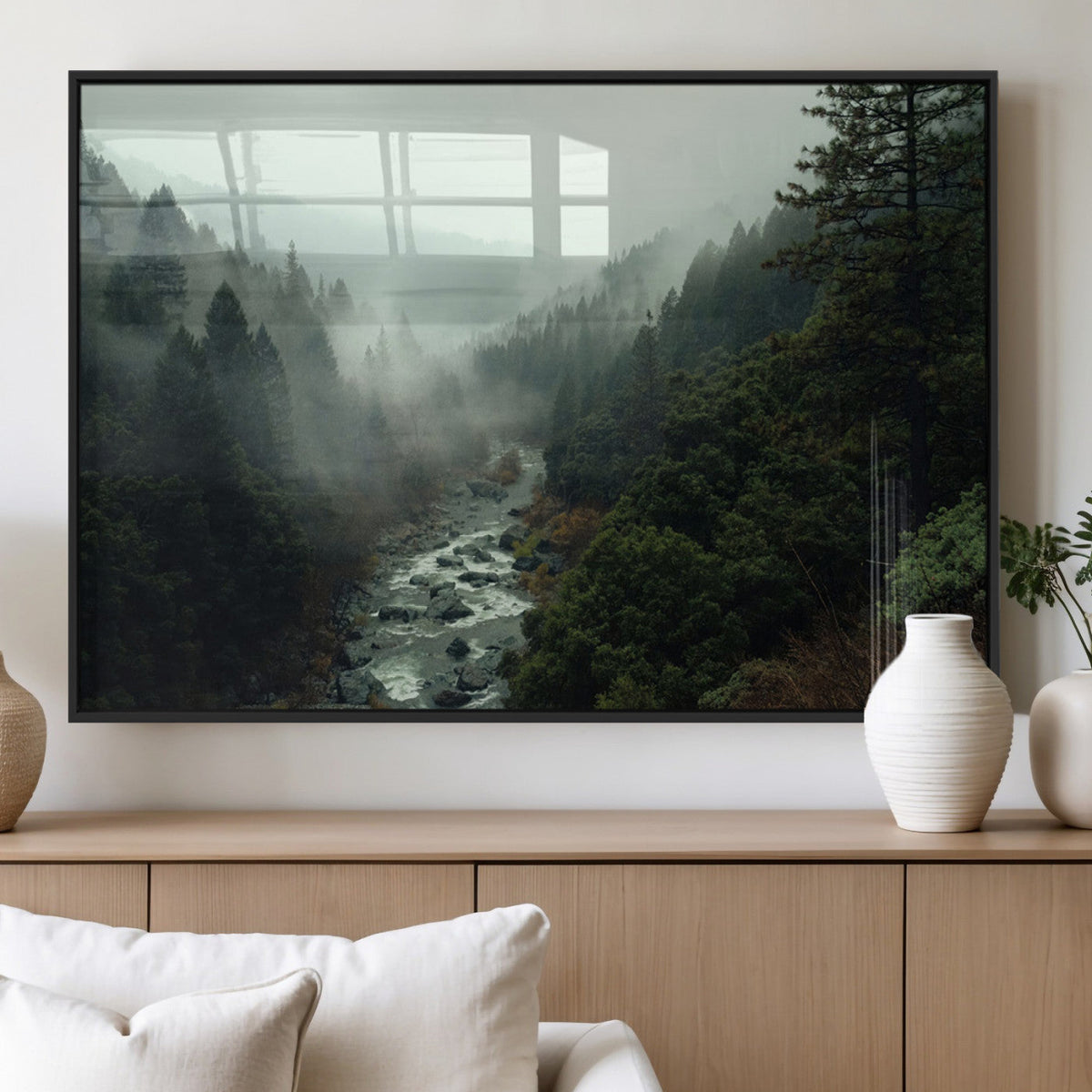 Misty Forest Wall Art, Tranquil Nature Landscape, Ready to Hang | Extra Large 3 Piece Canvas Wall Art