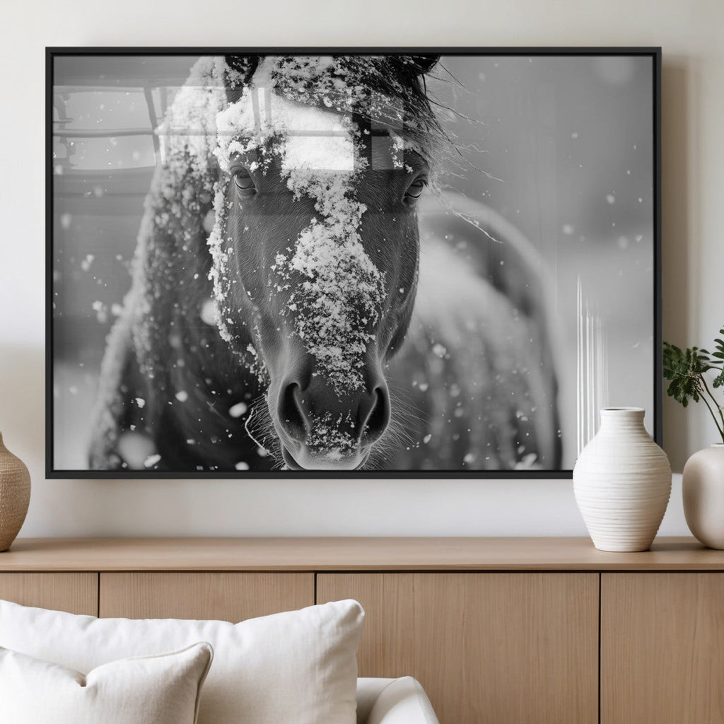 Black and White Horse Winter Wall Art, Ready to Hang