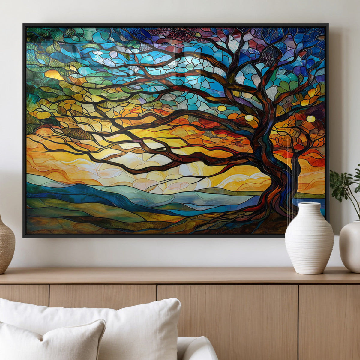 Vibrant Mosaic Tree of Life Wall Art, Stained Glass Style Canvas Print