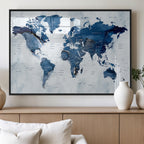 Modern Blue World Map Canvas Print | Elegant Travel Map Wall Art for Home Office