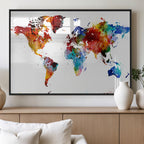 Colorful World Map Canvas Wall Art Print, Contemporary Global Map Artwork