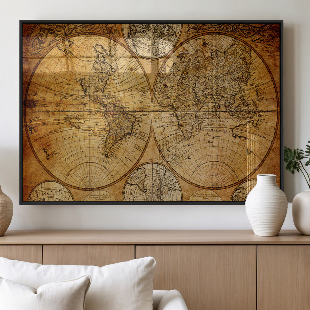 Vintage World Map Canvas Print | Antique Push Pin Travel Map