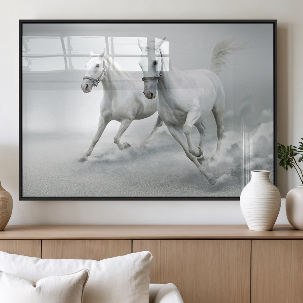 Large Wall Art Canvas Print, Beautiful Running White Horses