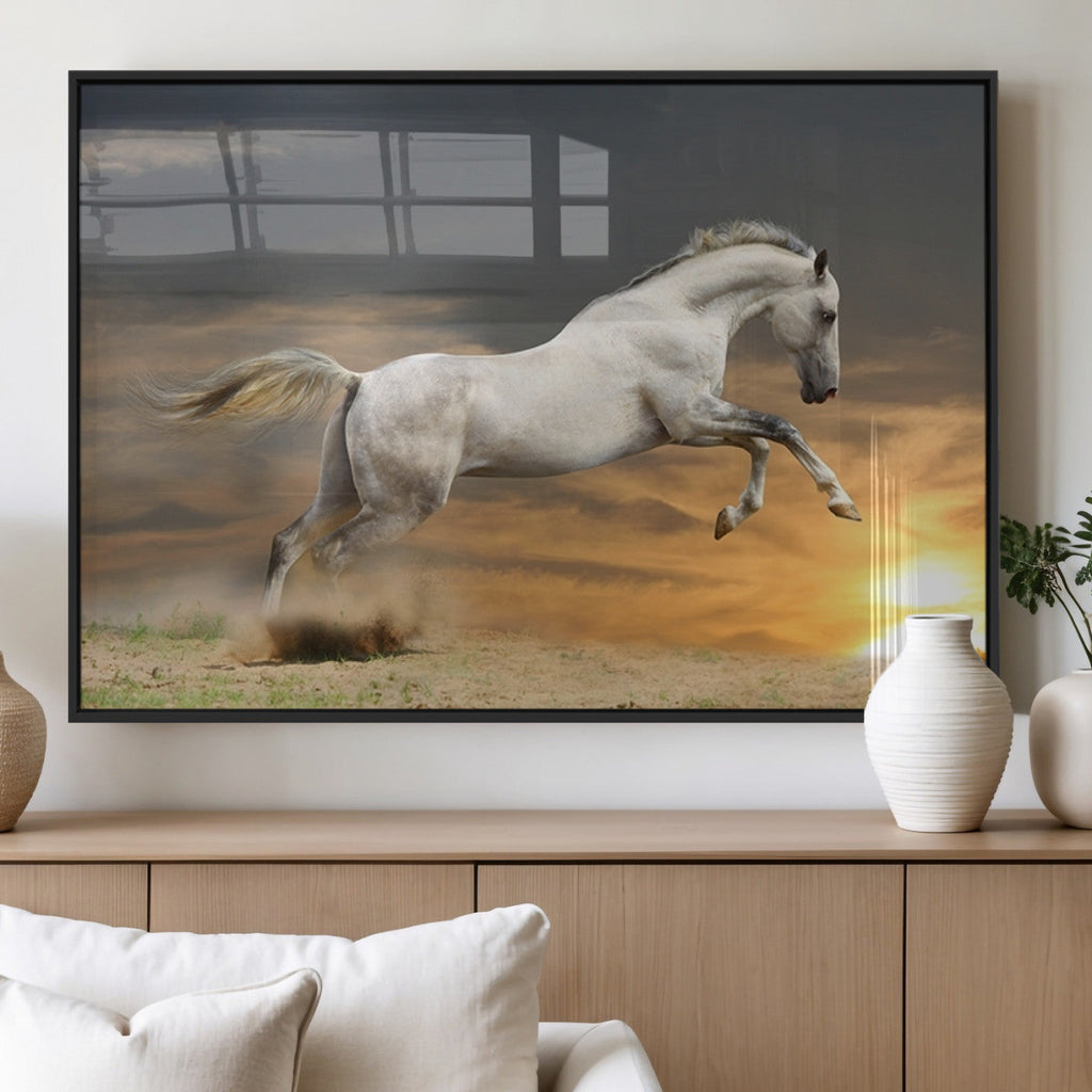 Large Wall Art Canvas Print, White Jumping Horse at Sunset