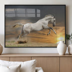 Large Wall Art Canvas Print, White Jumping Horse at Sunset