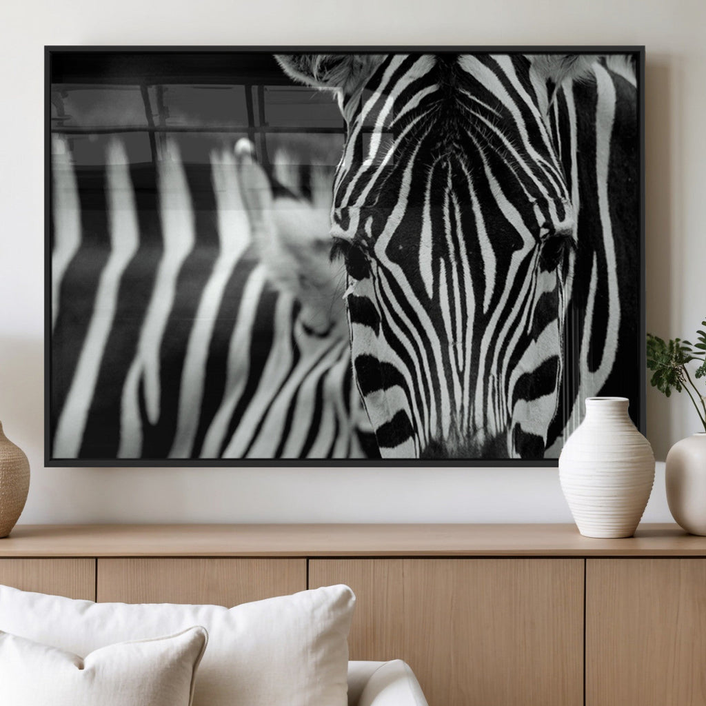 Zebra Wall Art | Zebra Close Up Canvas Print | Framed Black and White Wildlife