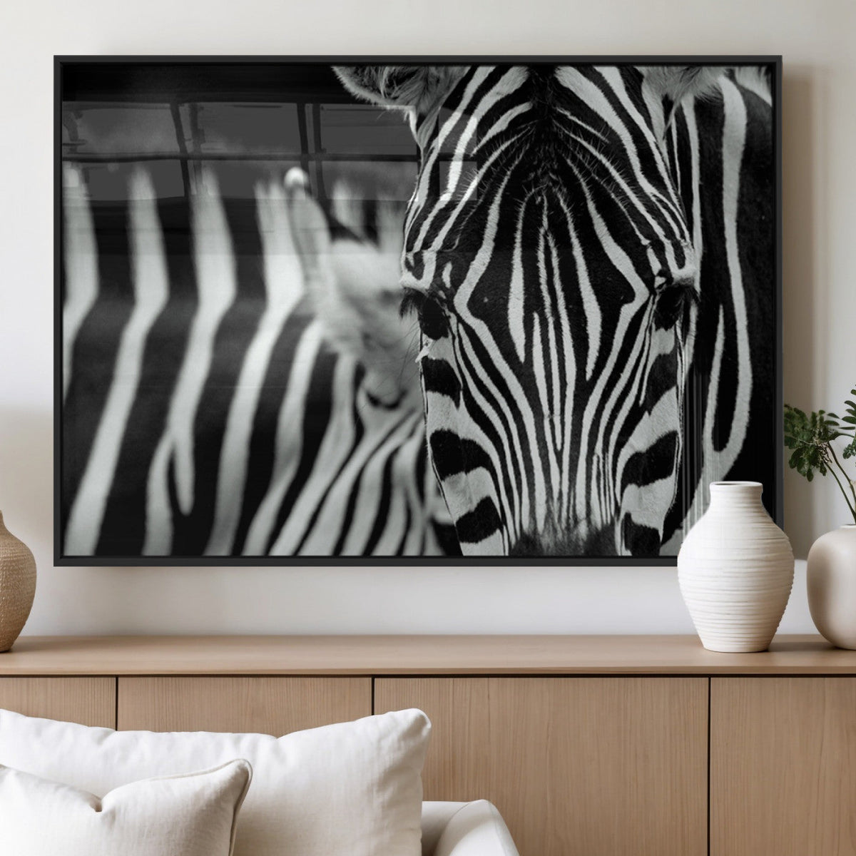 Zebra Wall Art | Zebra Close Up Canvas Print | Framed Black and White Wildlife