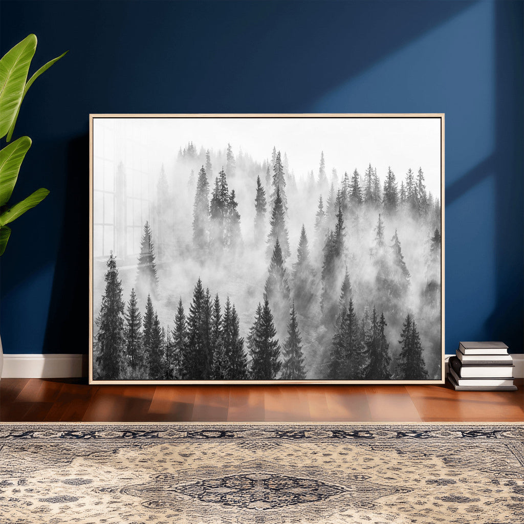 Forest Wall Art Print | Foggy Pine Forest Canvas Wall Art, Black and White Nature Decor