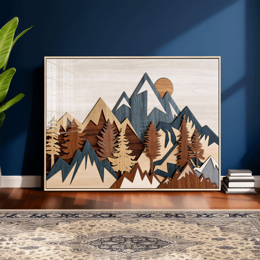 Rustic Abstract Wood Panel Effect Canvas | Mountain Range Top Wood Wall Art Canvas Print