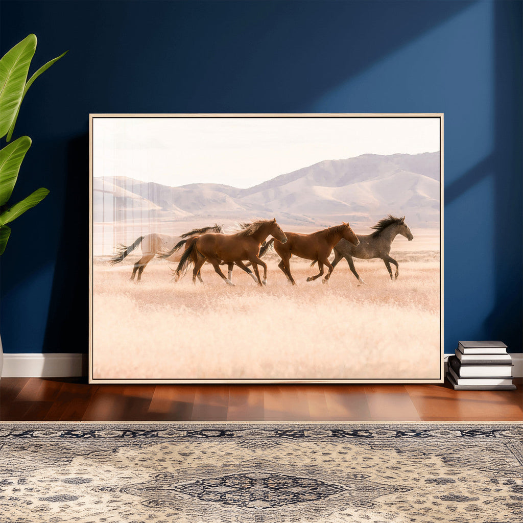 Wild Horse Wall Art Canvas Print, Framed Rustic Western Art, Desert Horse Scene