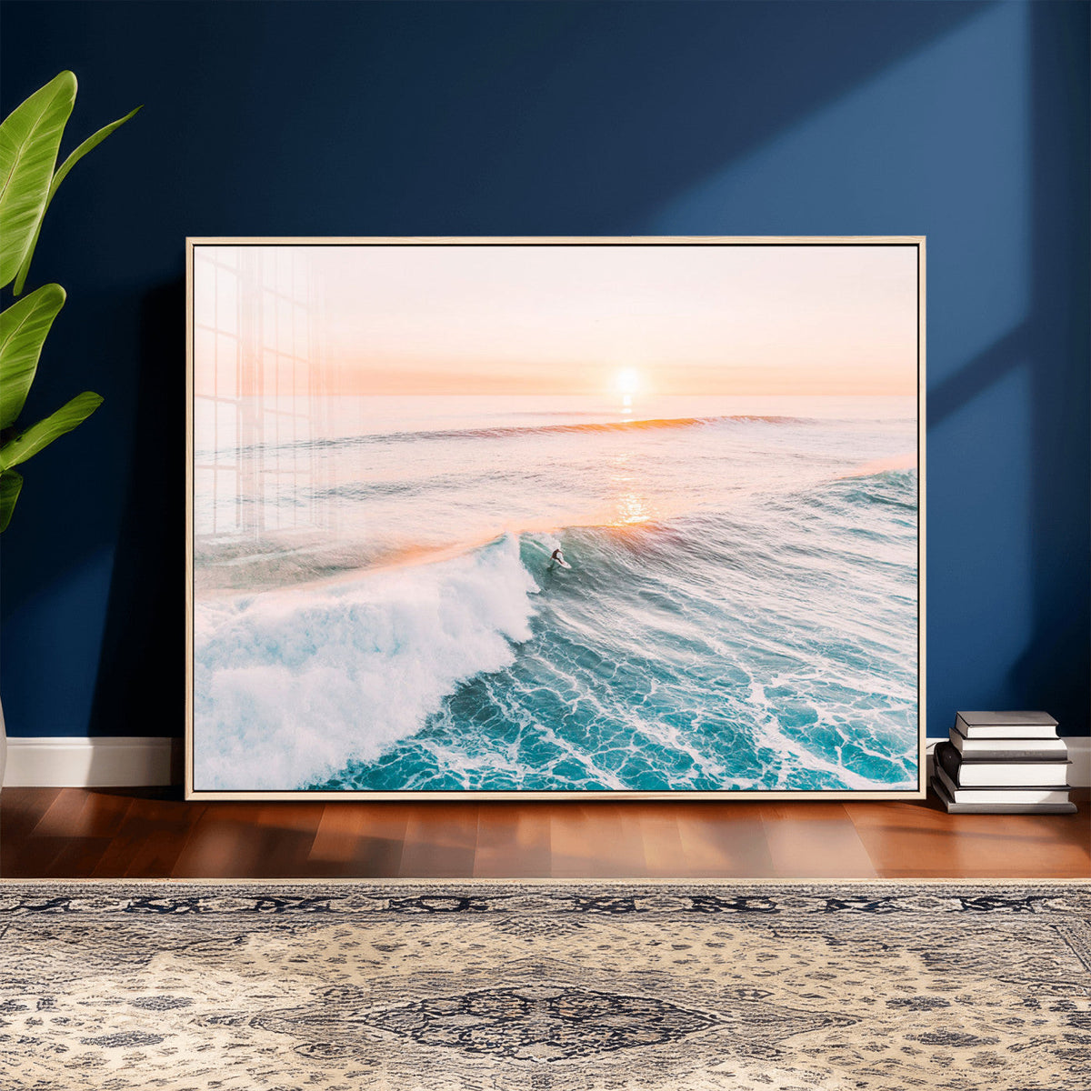 Sunset Surfing Wall Art Canvas Print, Ocean Wave Surfer with Golden Sky