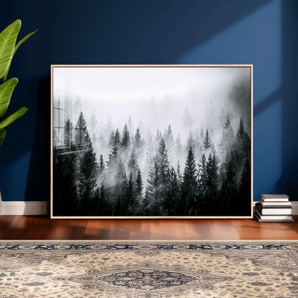 Foggy Forest Wall Art Canvas Print, Mountain Woodland Landscape, Minimal Nature Decor