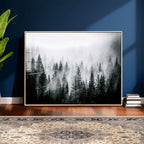 Foggy Forest Wall Art Canvas Print, Mountain Woodland Landscape, Minimal Nature Decor