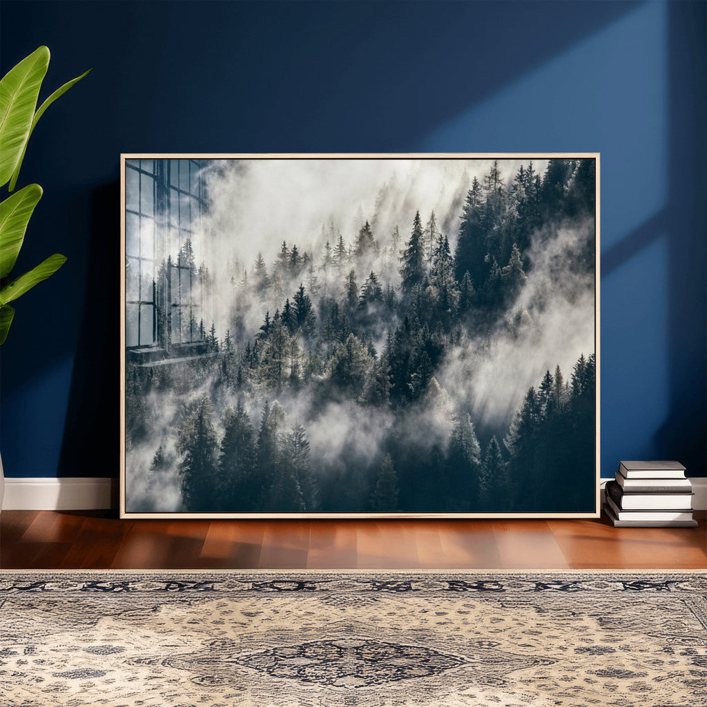 Foggy Mountain Forest Canvas Print, Misty Pine Trees Nature Wall Art