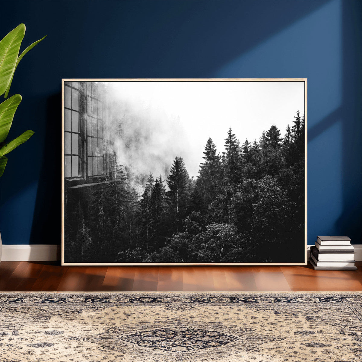 Black White Forest Wall Art Canvas Print, Misty Pine Tree Landscape