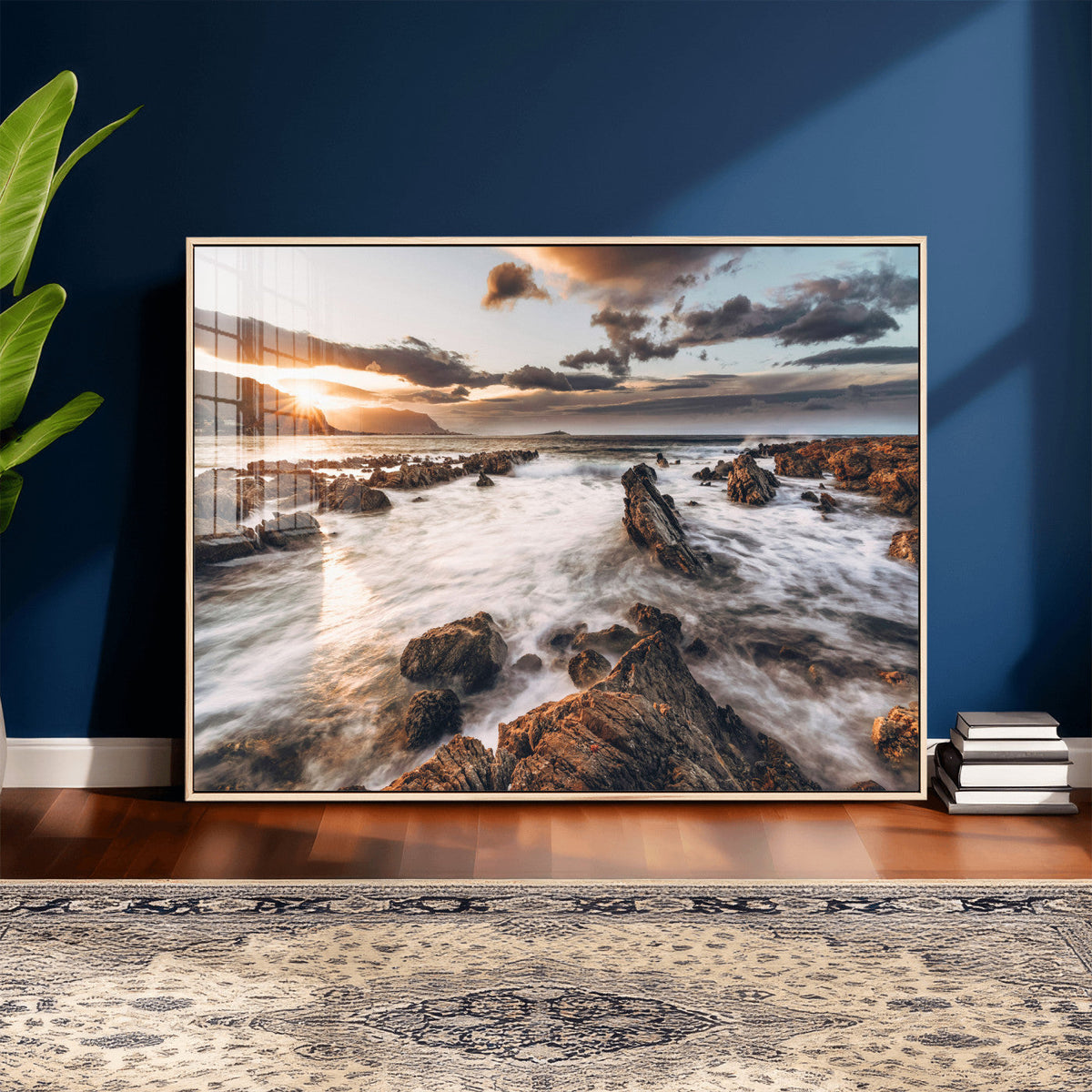 Rocky Coast Ocean Sunset Wall Art Canvas Print, Dramatic Seascape Nature Decor