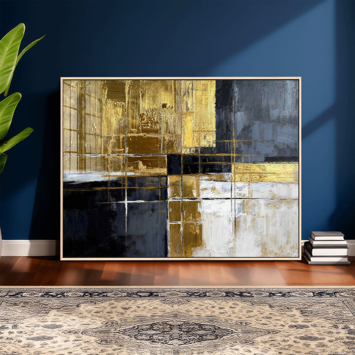 Gold Navy Abstract Wall Art Canvas Print, Modern Luxury Geometric Art for Living Room and Office