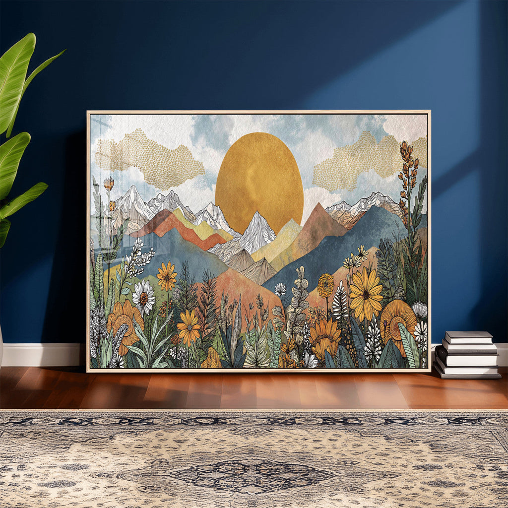Boho Mountain Landscape Large Wall Art, Horizontal Gold Sun and Flowers Print
