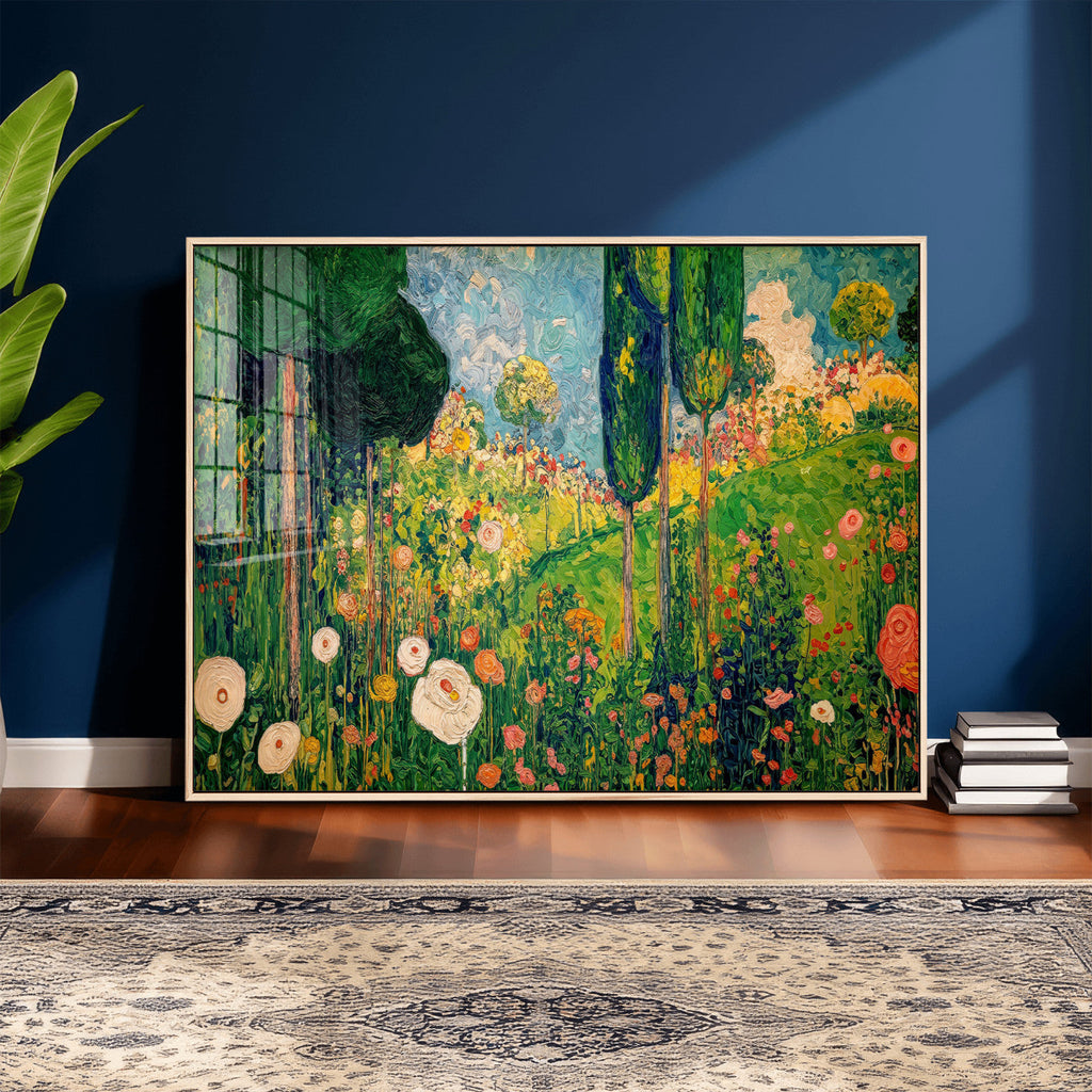 Gustav Klimt Boho Mountain Landscape Large Wall Art, Gold Sun and Flowers Print
