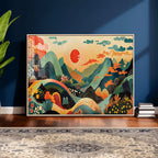 Yayoi Kusama Boho Mountain Landscape Large Wall Art, Gold Sun and Flowers Print