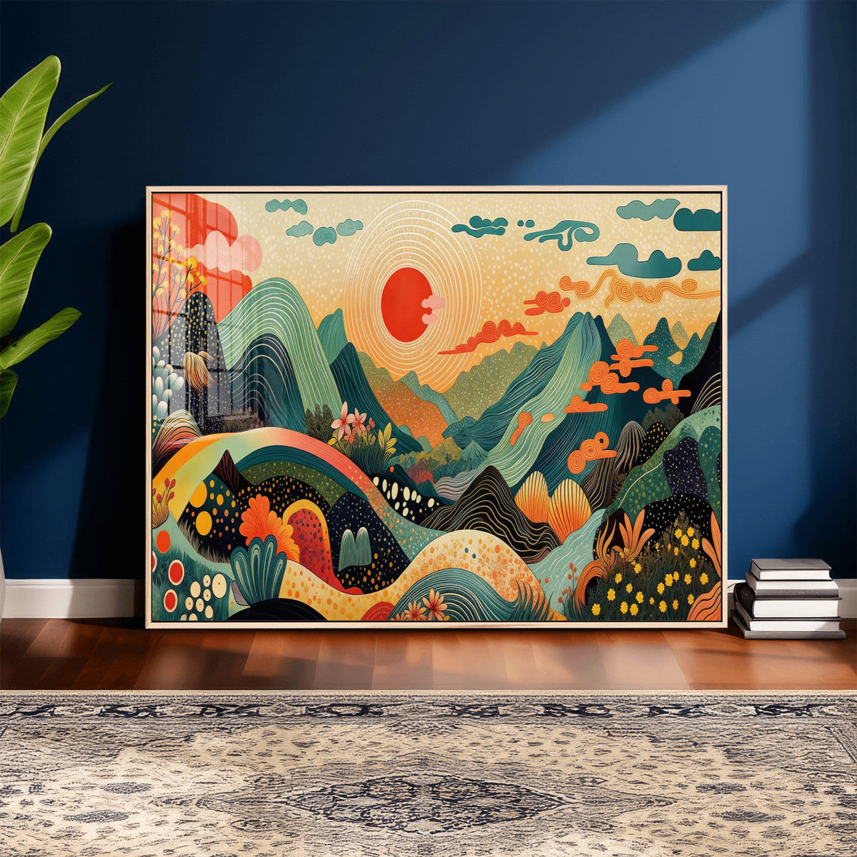 Yayoi Kusama Boho Mountain Landscape Large Wall Art, Gold Sun and Flowers Print