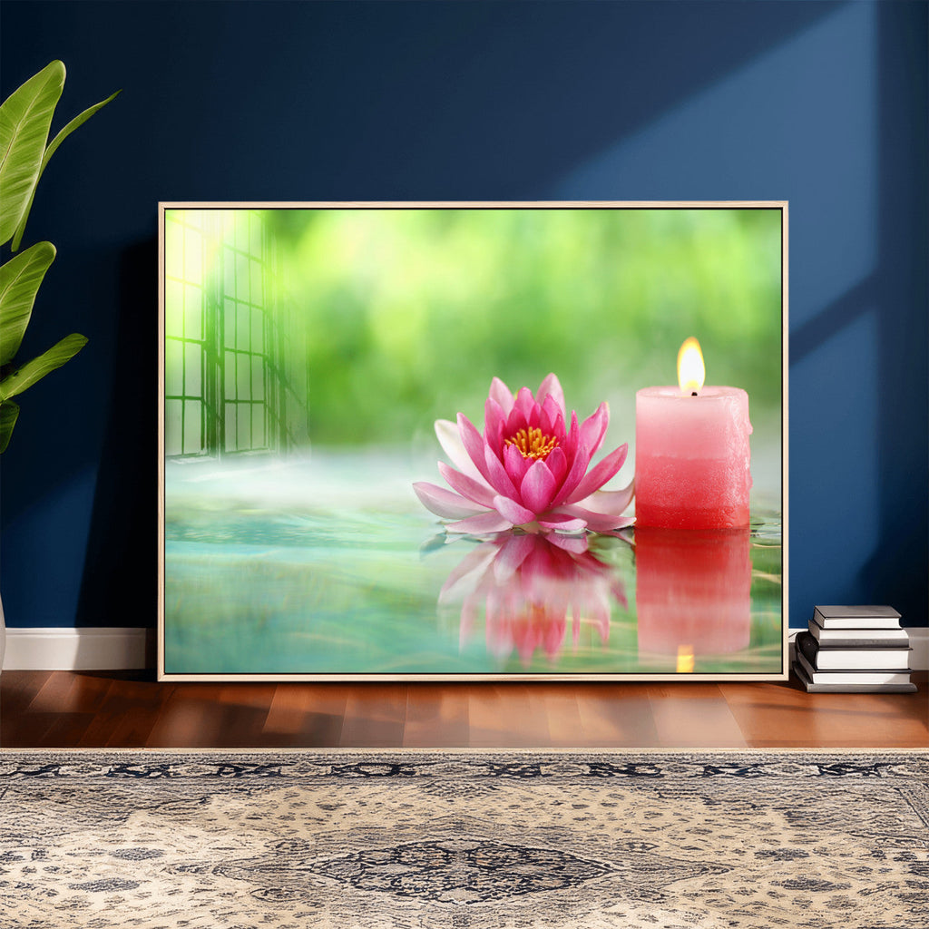 Zen Lotus Candle Canvas Wall Art, Pink Spa Meditation Decor