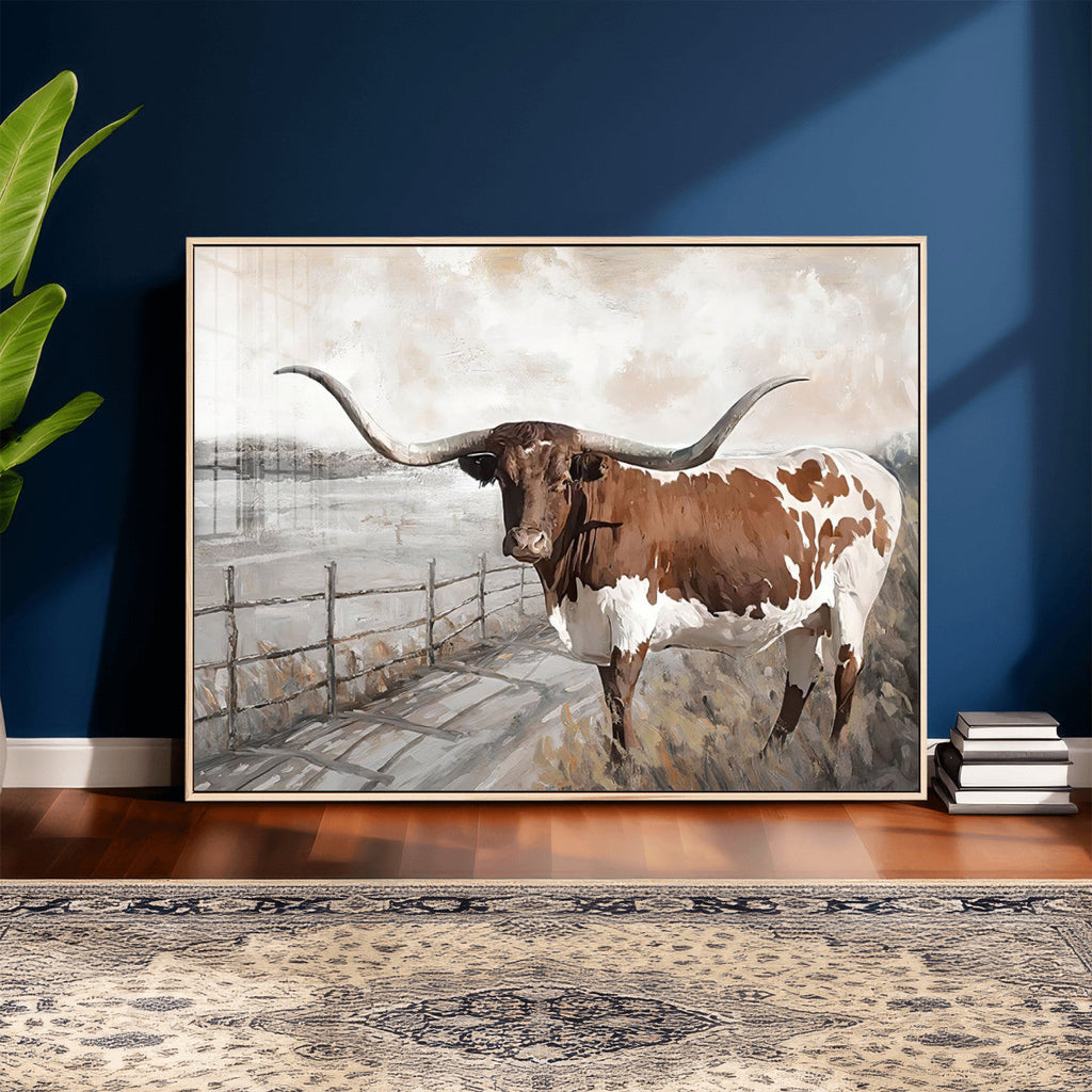 Vintage Texas Cow Wall Art Canvas Print, Rustic Longhorn
