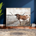 Vintage Texas Cow Wall Art Canvas Print, Rustic Longhorn