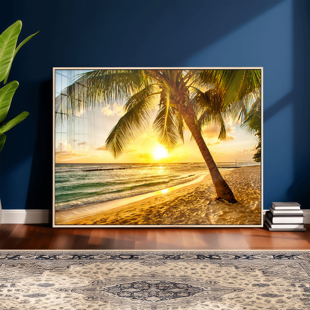 Beach Sunset Canvas Wall Art Print - Tropical Beach Canvas With Palm Trees