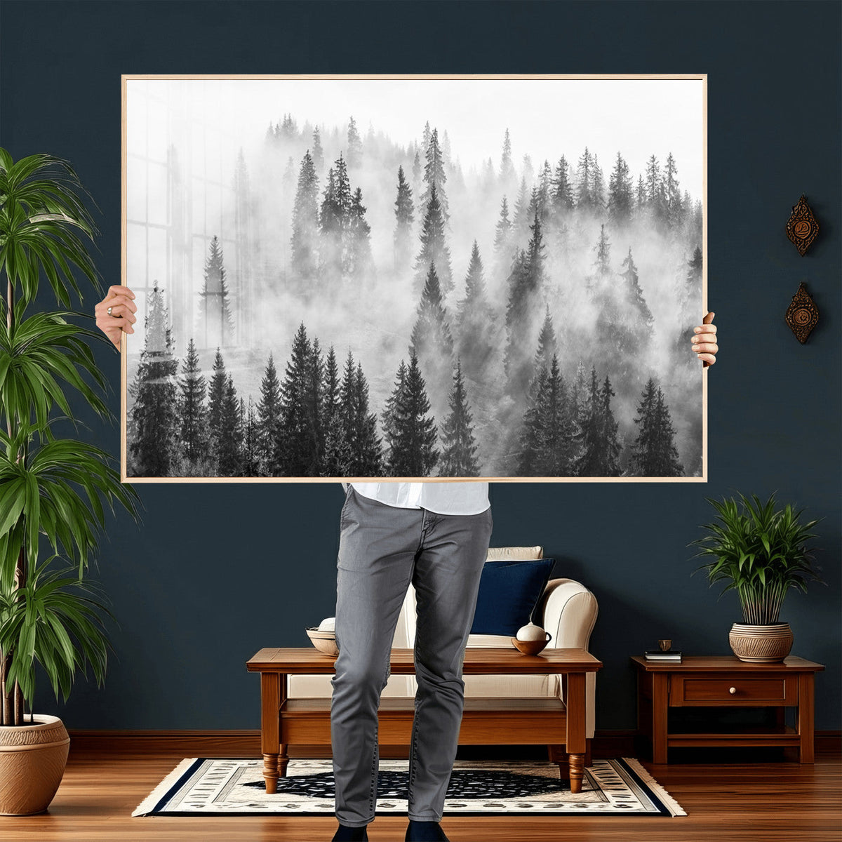 Forest Wall Art Print | Foggy Pine Forest Canvas Wall Art, Black and White Nature Decor