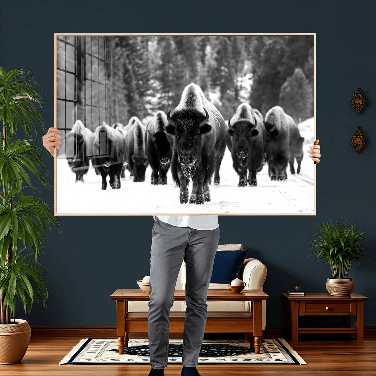 Bison Herd in Snow Wall Art Canvas Print | Rustic Western Bison Wall Art for Living Room and Farmhouse Decor