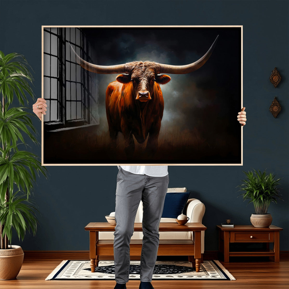 Abstract Texas Longhorn Wall Art Print | 3-Panel Large Texas Longhorn Canvas