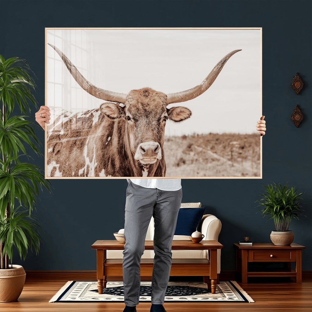 Longhorn Cow Wall Art Canvas Print, Framed Texas Ranch Print, Western Bull Art, Cowboy Decor