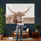 Longhorn Cow Wall Art Canvas Print, Framed Texas Ranch Print, Western Bull Art, Cowboy Decor