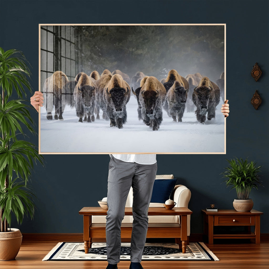 Bison Herd Wall Art Canvas Print, Framed Rustic Wildlife Decor, Snowy Bison Landscape
