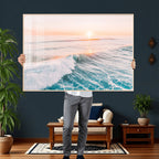 Sunset Surfing Wall Art Canvas Print, Ocean Wave Surfer with Golden Sky