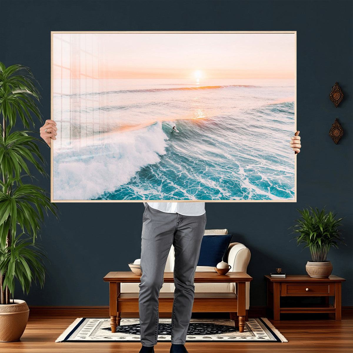 Sunset Surfing Wall Art Canvas Print, Ocean Wave Surfer with Golden Sky