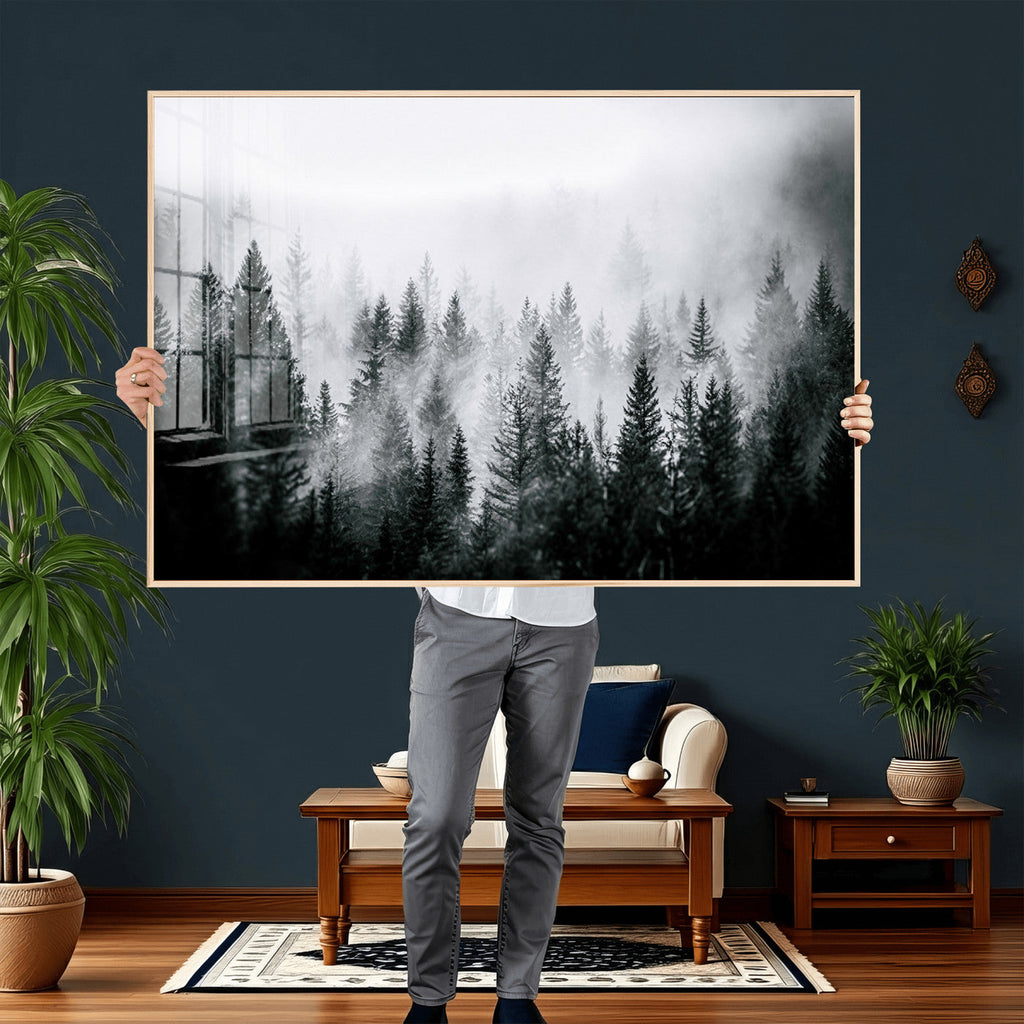 Foggy Forest Wall Art Canvas Print, Mountain Woodland Landscape, Minimal Nature Decor