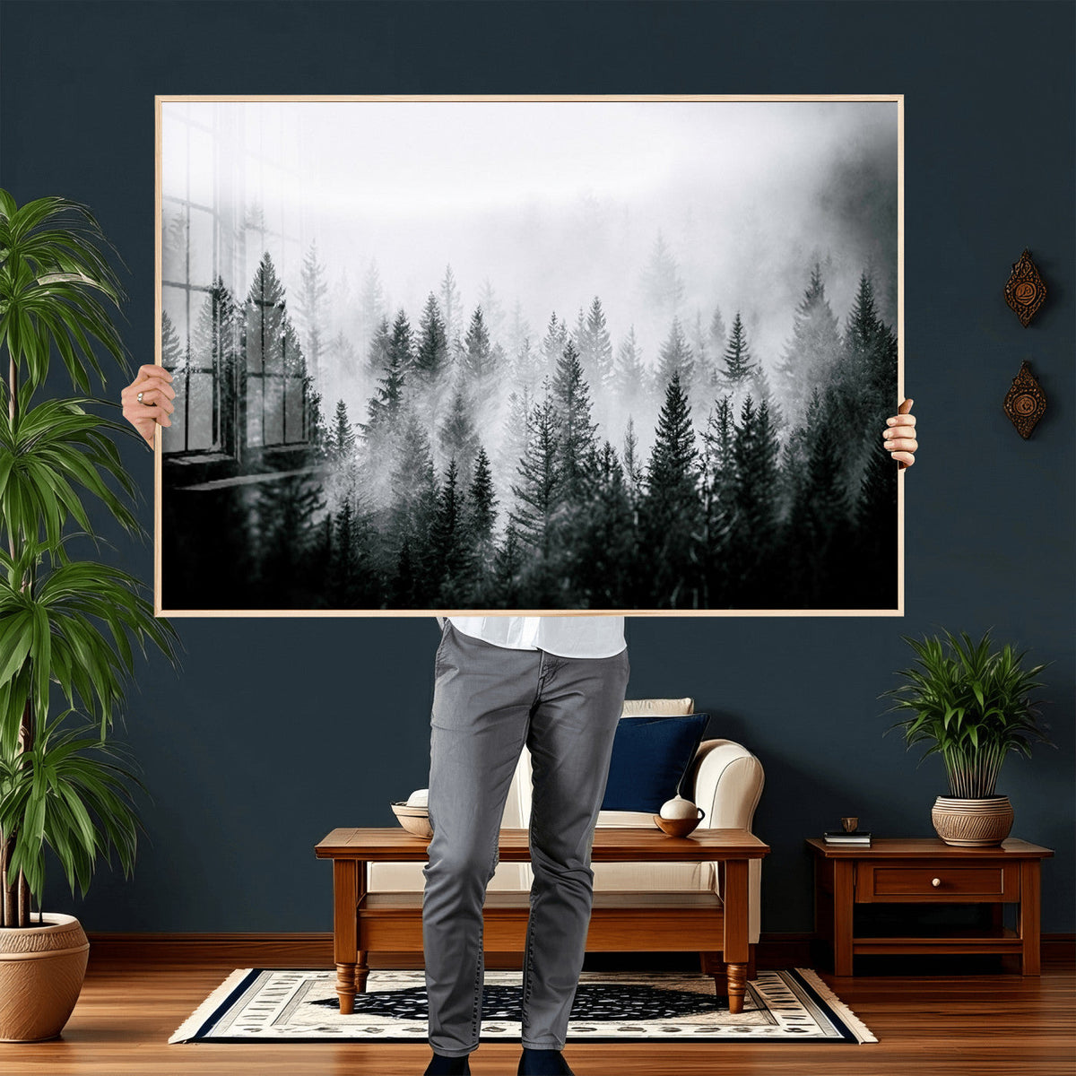 Foggy Forest Wall Art Canvas Print, Mountain Woodland Landscape, Minimal Nature Decor