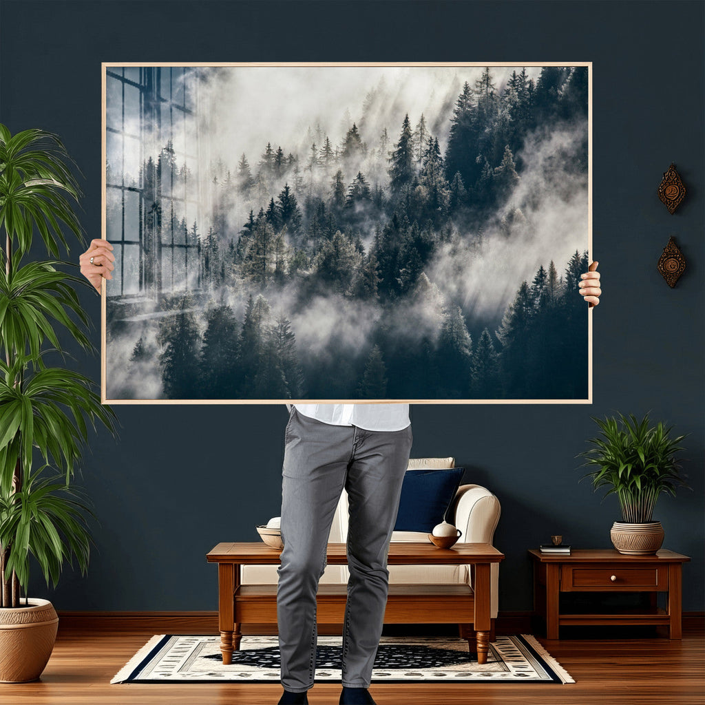 Foggy Mountain Forest Canvas Print, Misty Pine Trees Nature Wall Art