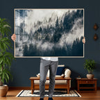 Foggy Mountain Forest Canvas Print, Misty Pine Trees Nature Wall Art
