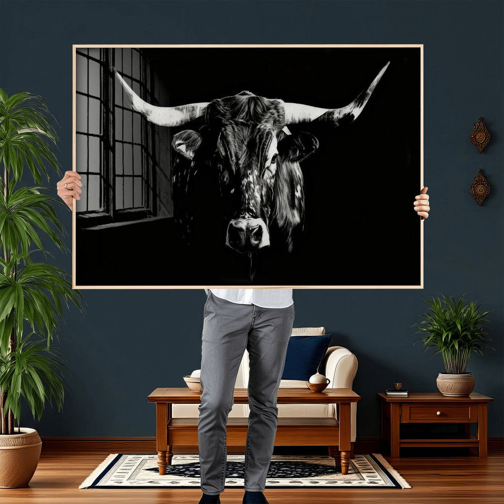 Black Bull Wall Art Canvas Print, Dark Longhorn Portrait