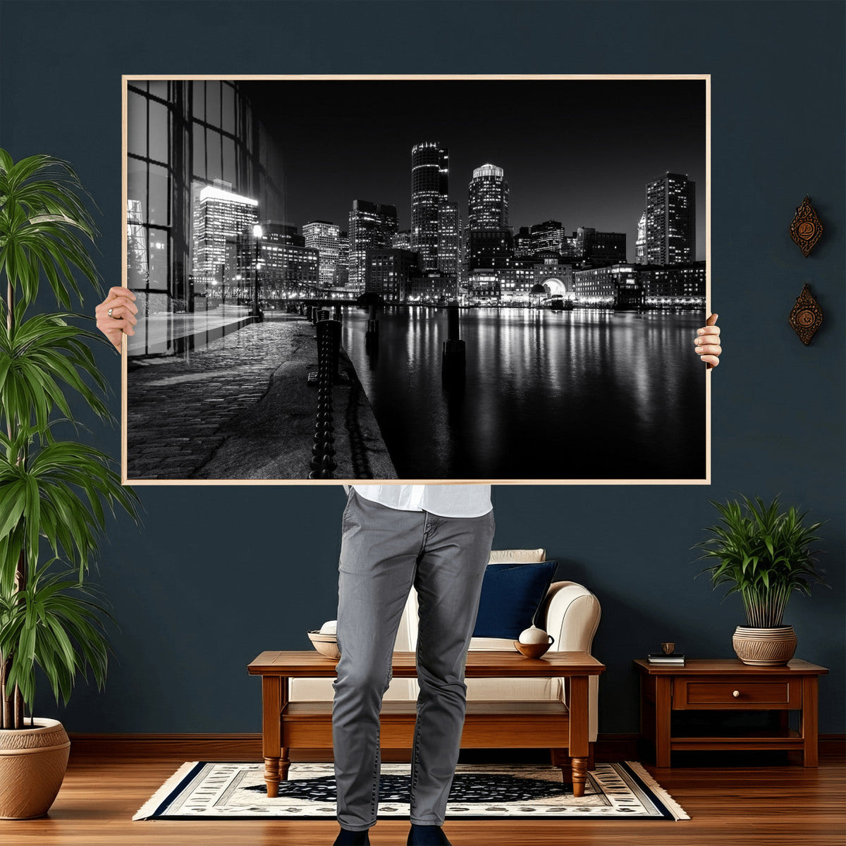 Boston Wall Art Canvas Print, Boston City Downtown Night Cityscape