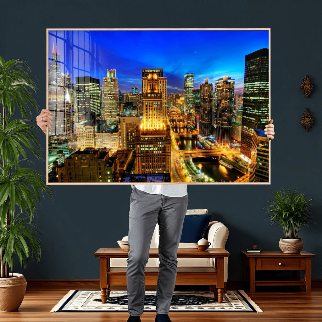 Chicago Wall Art Canvas Print - Chicago City Downtown Night Cityscape
