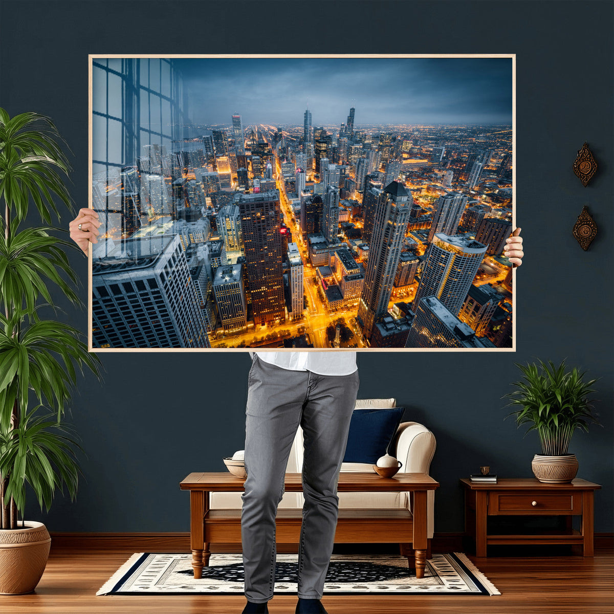 Chicago Wall Art Canvas Print - Chicago City Downtown Night Cityscape