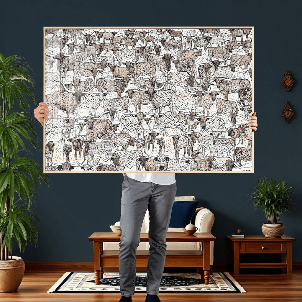 Abstract Texas Cow Wall Art Canvas Print, Farm Longhorn Art for Cabin Decor