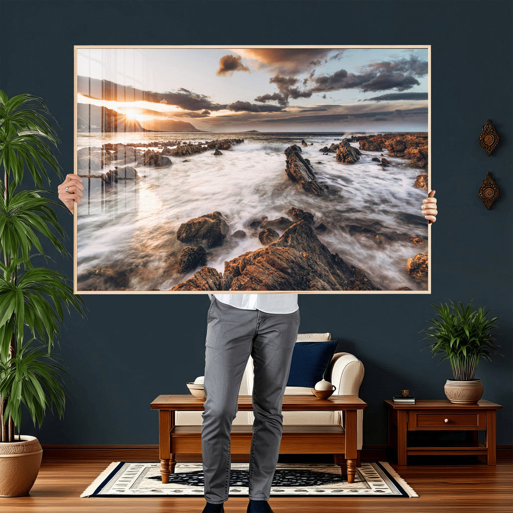 Rocky Coast Ocean Sunset Wall Art Canvas Print, Dramatic Seascape Nature Decor